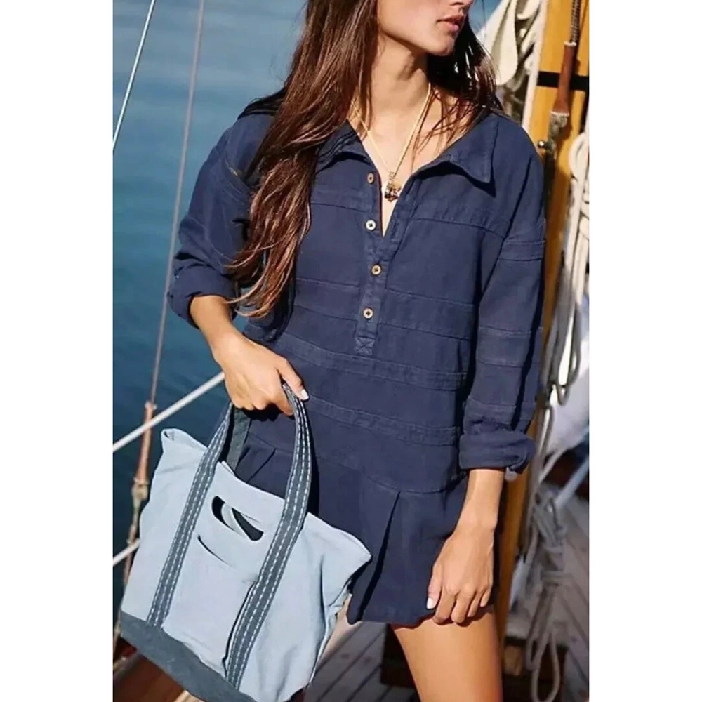Free People Free-est Womens Navy Blue Cotton Pintuck Henley Pleated Mini Dress M